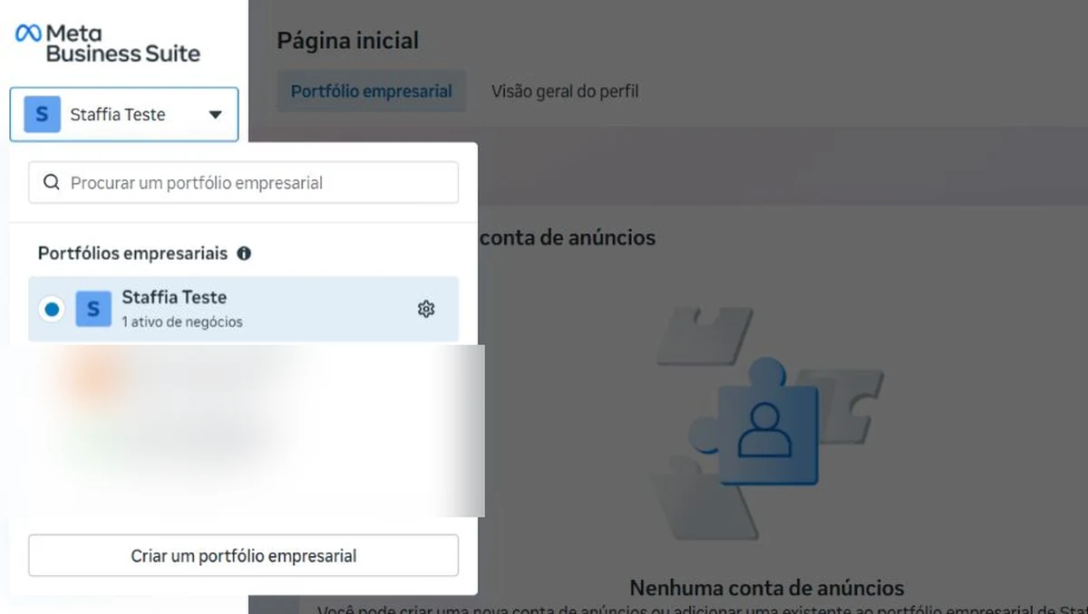 Seletor real da Meta Business Suite com o portfólio empresarial Staffia Teste selecionado