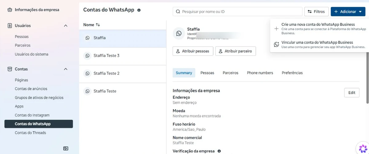 Menu real Adicionar da Meta com as opções criar uma nova conta do WhatsApp Business e vincular uma conta