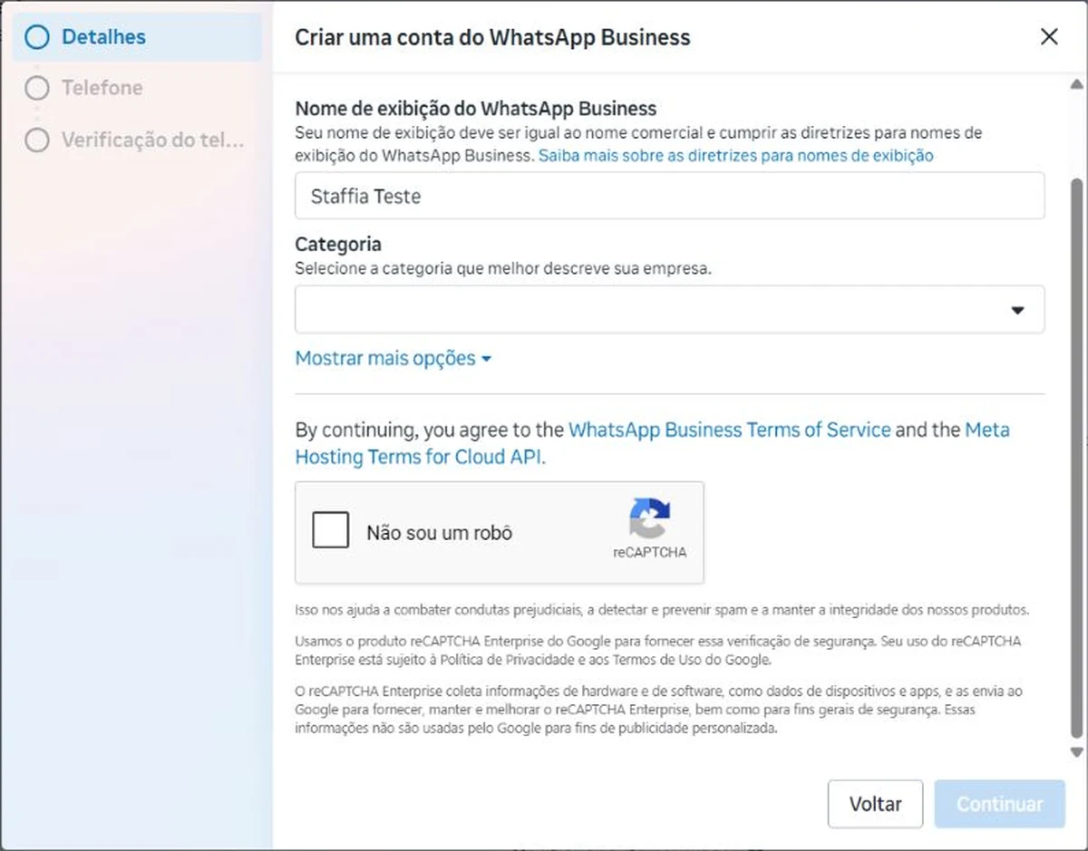 Formulário real da Meta para criar uma conta do WhatsApp Business com nome de exibição e categoria