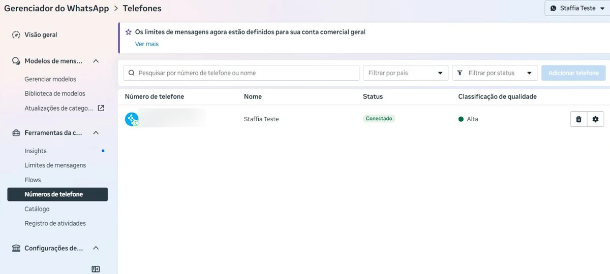Tela real do Gerenciador do WhatsApp na seção Números de telefone com o botão Adicionar telefone