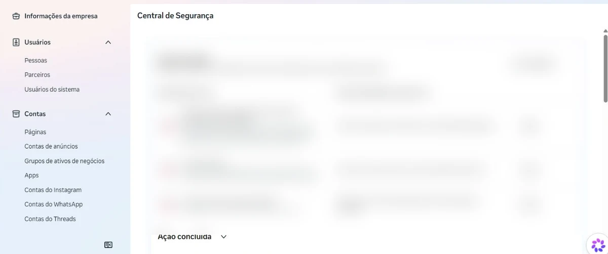 Tela real da Central de Segurança do portfólio empresarial na Meta com recomendações internas ocultadas