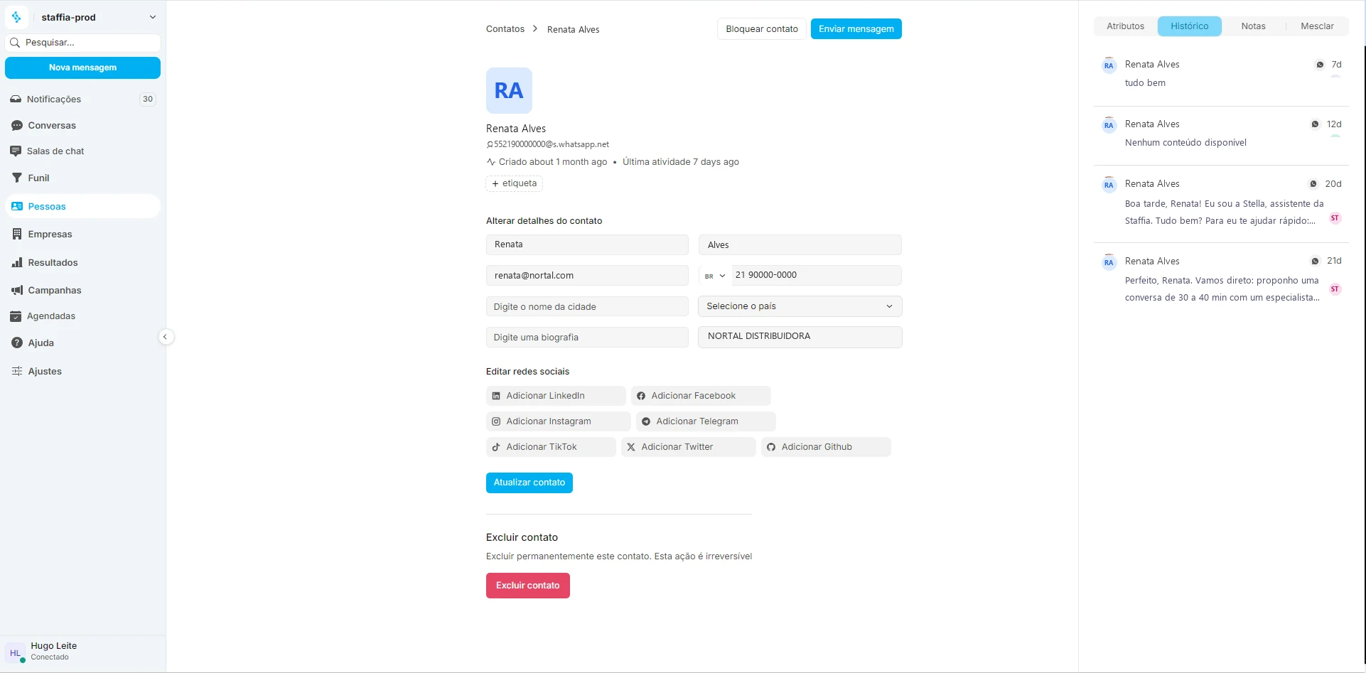 Lista de contatos do Staffia Chat com busca e detalhes