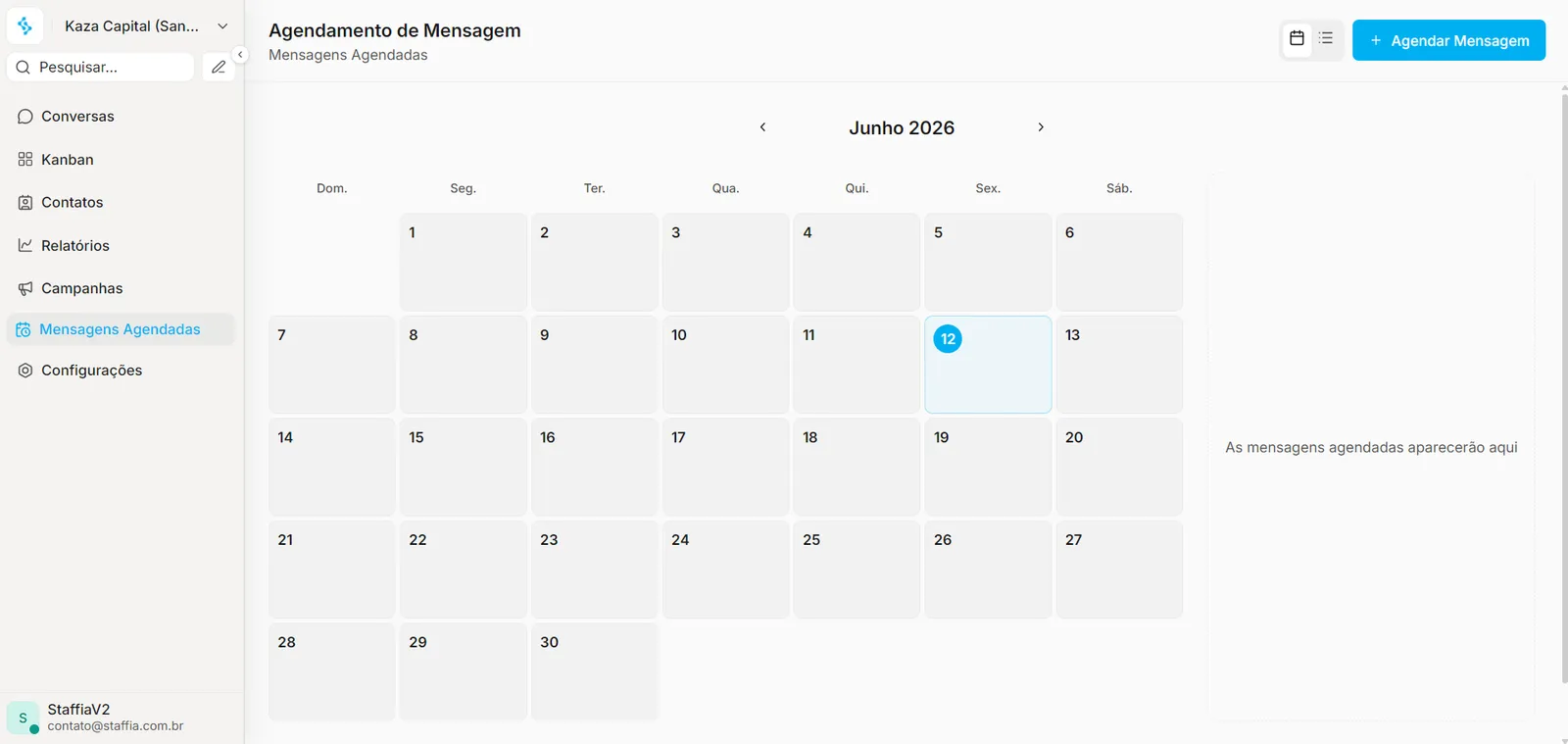 Calendário de mensagens agendadas do Staffia Chat