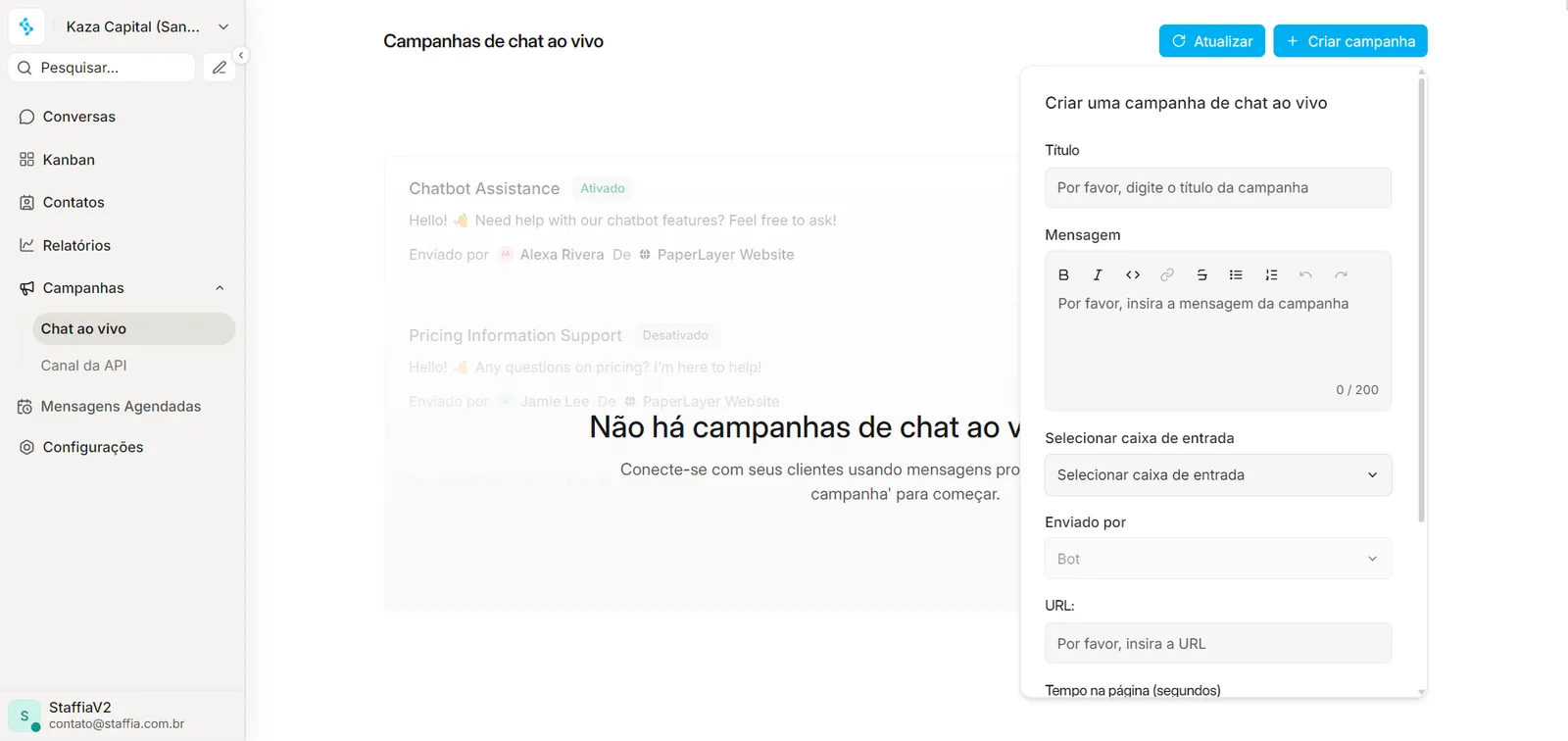 Criação de campanha no Staffia Chat com mensagem, audiência e agendamento
