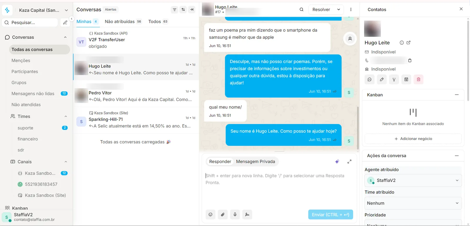 Tela do Staffia Chat: caixa de entrada unificada com conversas de vários canais e painel do contato
