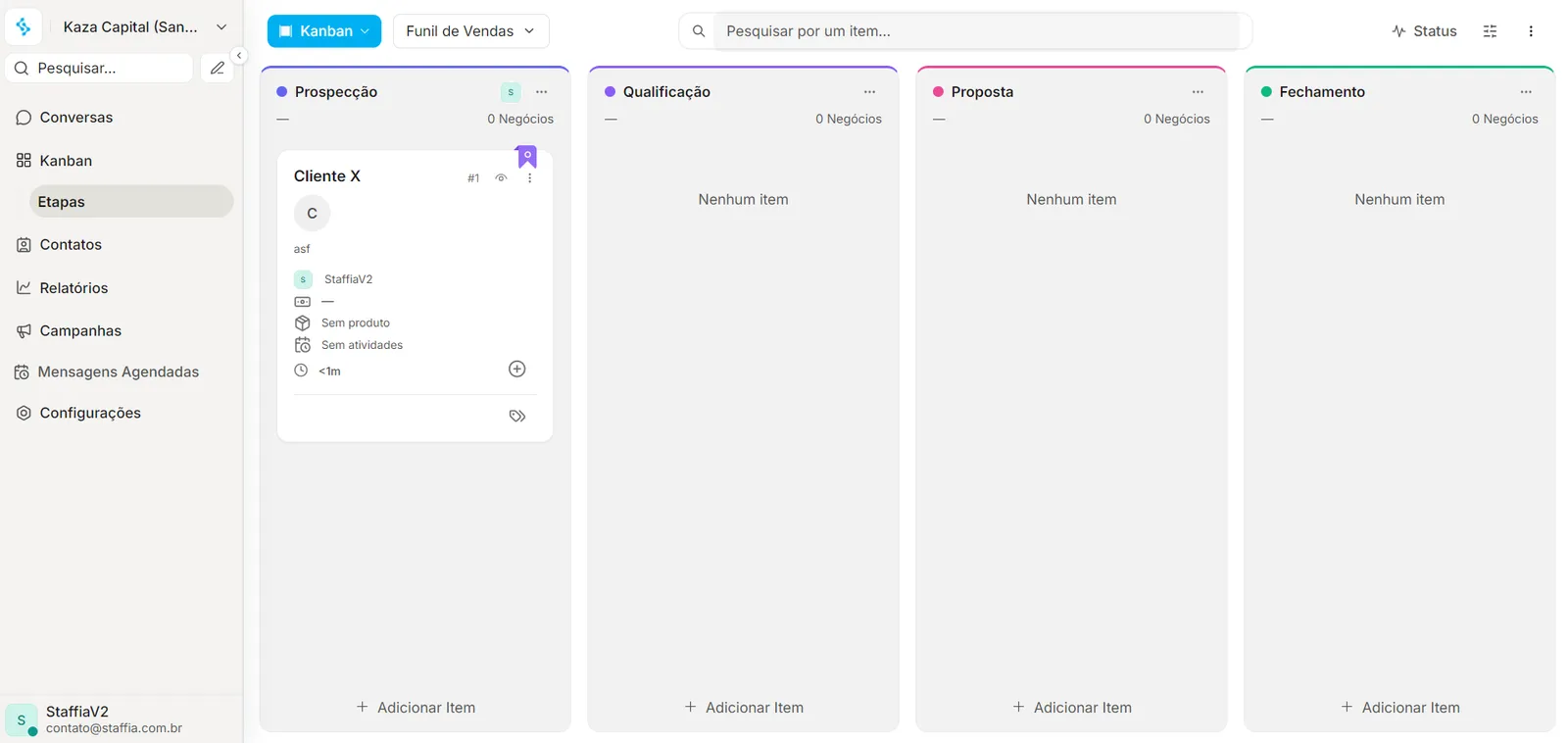 Quadro kanban do Staffia Chat com funil de vendas em etapas